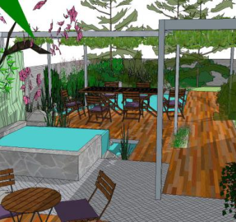 现代后院池塘景观园林SU模型下载_sketchup草图大师SKP模型