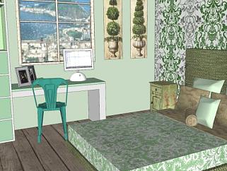 现代绿色卧室房间SU模型下载_sketchup草图大师SKP模型