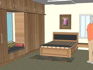 木质单人房卧室房间SU模型下载_sketchup草图大师SKP模型