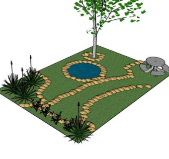 户外景观池塘砖石走道SU模型下载_sketchup草图大师SKP模型