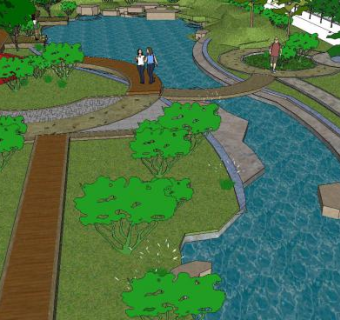 户外园林池塘水景植被SU模型下载_sketchup草图大师SKP模型