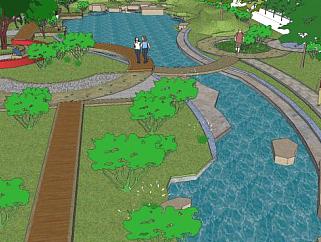 户外园林池塘水景植被SU模型下载_sketchup草图大师SKP模型