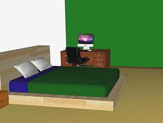现代绿色风格卧室房间SU模型下载_sketchup草图大师SKP模型