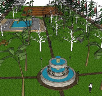 绿地公园喷泉水景户外设备SU模型下载_sketchup草图大师SKP模型