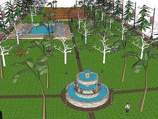 绿地公园喷泉水景户外设备SU模型下载_sketchup草图大师SKP模型