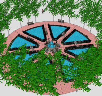 现代公园喷泉水景和乘凉座椅SU模型下载_sketchup草图大师SKP模型