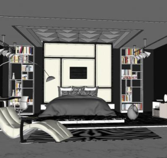 欧式黑白卧室装修SU模型下载_sketchup草图大师SKP模型