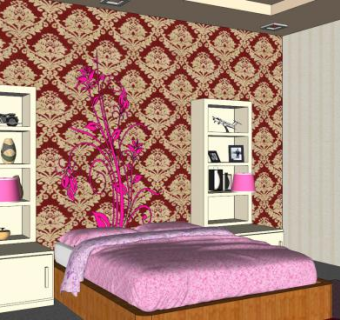 粉色花纹女孩卧室SU模型下载_sketchup草图大师SKP模型