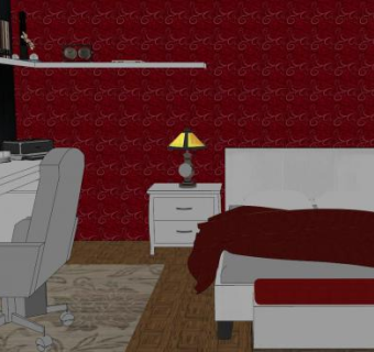 现代红色休闲卧室SU模型下载_sketchup草图大师SKP模型