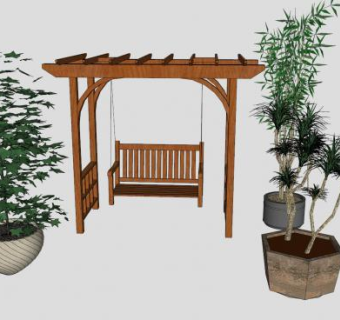 庭院木制秋千座椅植物盆栽观景SU模型下载_sketchup草图大师SKP模型