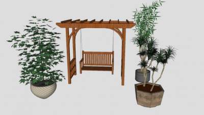 庭院木制秋千座椅植物盆栽观景SU模型下载_sketchup草图大师SKP模型