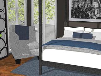 北欧风格卧室房间双人床SU模型下载_sketchup草图大师SKP模型