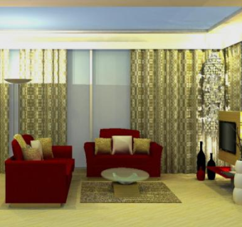 现代布艺窗帘客厅SU模型下载_sketchup草图大师SKP模型