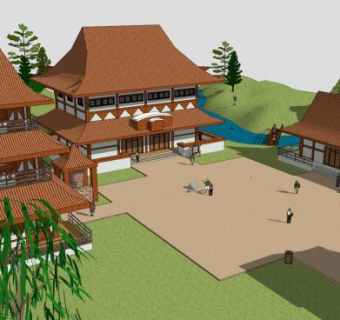 佛教风格寺庙建筑SU模型下载_sketchup草图大师SKP模型