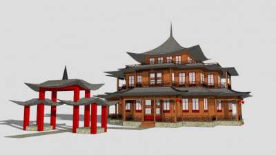 古建筑寺院寺庙凉亭SU模型下载_sketchup草图大师SKP模型