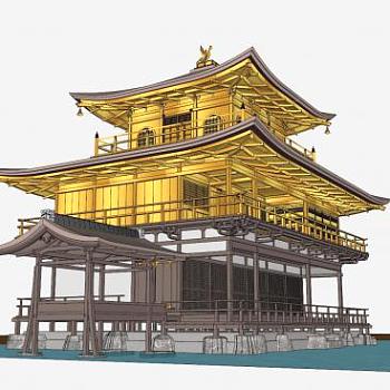 日本寺庙鹿苑寺金阁建筑SU模型下载_sketchup草图大师SKP模型