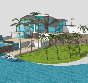 海滨别墅和私人码头SU模型下载_sketchup草图大师SKP模型