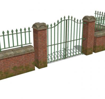砖墙栏杆和大门青苔门面SU模型下载_sketchup草图大师SKP模型