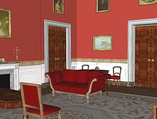 白宫内部红色客厅房间SU模型下载_sketchup草图大师SKP模型