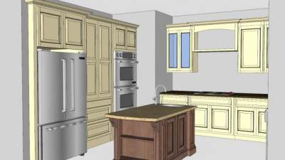 胡桃岛小厨房家具SU模型下载_sketchup草图大师SKP模型