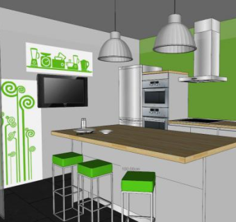 现代绿色厨房家具SU模型下载_sketchup草图大师SKP模型