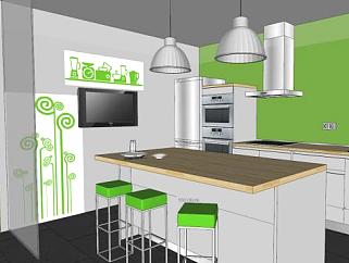 现代绿色厨房家具SU模型下载_sketchup草图大师SKP模型