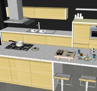 现代黄色岛型厨房家具SU模型下载_sketchup草图大师SKP模型