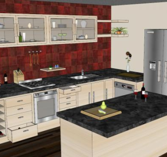 简欧岛型厨房装修SU模型下载_sketchup草图大师SKP模型