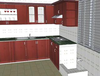 现代红色厨房房间SU模型下载_sketchup草图大师SKP模型