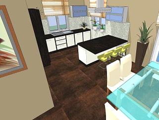 现代室内岛型厨房房子SU模型下载_sketchup草图大师SKP模型
