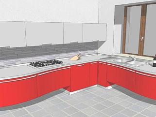 现代红色橱柜厨房SU模型下载_sketchup草图大师SKP模型