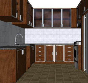 红木色U型厨房橱柜SU模型下载_sketchup草图大师SKP模型