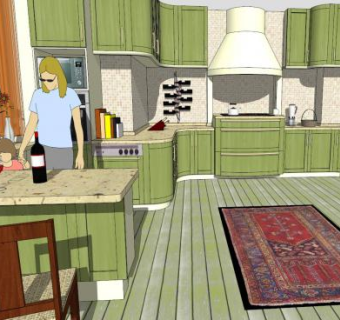 现代三号绿色厨房SU模型下载_sketchup草图大师SKP模型