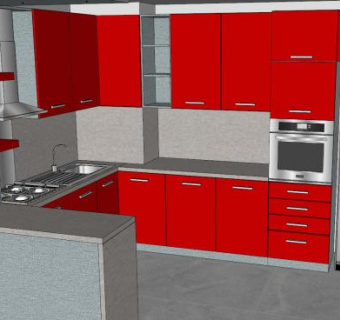 现代红色厨房橱柜SU模型下载_sketchup草图大师SKP模型