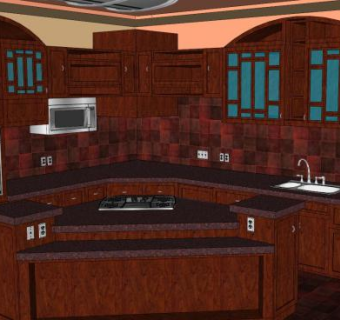 现代红木转角厨房SU模型下载_sketchup草图大师SKP模型