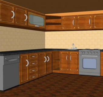 实木L型大厨房装修SU模型下载_sketchup草图大师SKP模型