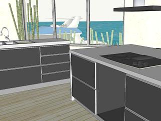 现代水上豪宅厨房SU模型下载_sketchup草图大师SKP模型