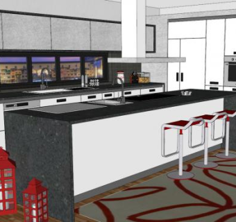 现代家具红黑厨房SU模型下载_sketchup草图大师SKP模型