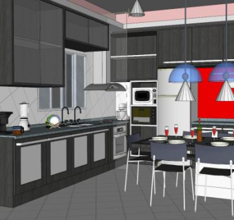 现代开放式厨房装饰SU模型下载_sketchup草图大师SKP模型