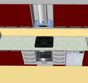 现代一字型厨房红色橱柜SU模型下载_sketchup草图大师SKP模型