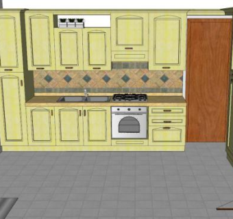 简欧一字型厨房家具SU模型下载_sketchup草图大师SKP模型