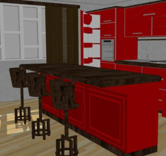 现代室内红色厨房SU模型下载_sketchup草图大师SKP模型