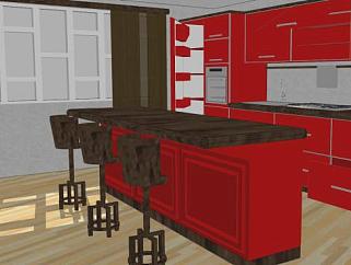 现代室内红色厨房SU模型下载_sketchup草图大师SKP模型
