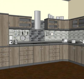 现代L型导师厨房SU模型下载_sketchup草图大师SKP模型