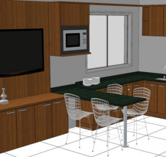 现代餐桌L型厨房SU模型下载_sketchup草图大师SKP模型