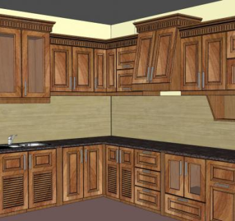 复古L型厨房橱柜SU模型下载_sketchup草图大师SKP模型