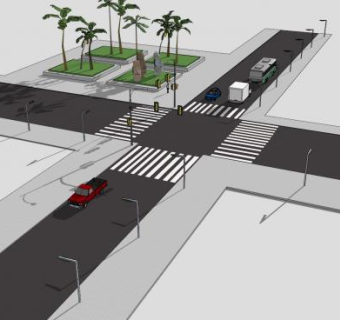 十字交叉红绿灯路口SU模型下载_sketchup草图大师SKP模型