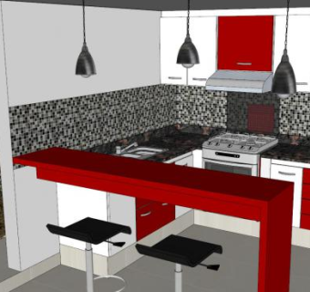 现代室内厨房红色橱柜SU模型下载_sketchup草图大师SKP模型