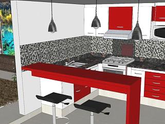 现代室内厨房红色橱柜SU模型下载_sketchup草图大师SKP模型