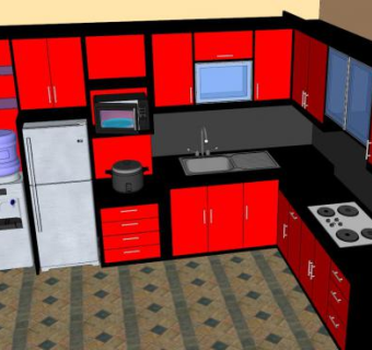现代室内红色L型厨房SU模型下载_sketchup草图大师SKP模型